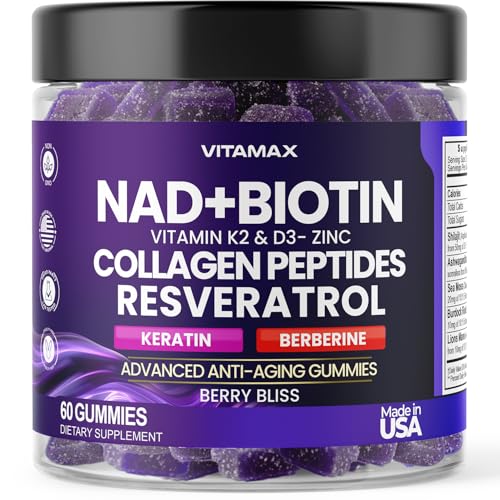 NAD+, Resveratrol, Berberine, & Biotin Anti-Aging Gummy - Hair, Skin, Nails & Joint Supplement - Collagen Peptides, Keratin, Zinc, Vitamin K2 & D3 Gummies -Regeneration- Non-GMO - Made in USA 60 Count