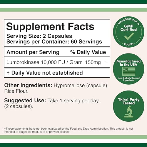 Lumbrokinase Enzymes Supplement - 120 Capsules (Max Activity 10,000 FU/Gram) 150mg per Serving (No Fillers, Non-GMO, Gluten Free) for Cardiovascular and Blood Circulation Support by Double Wood