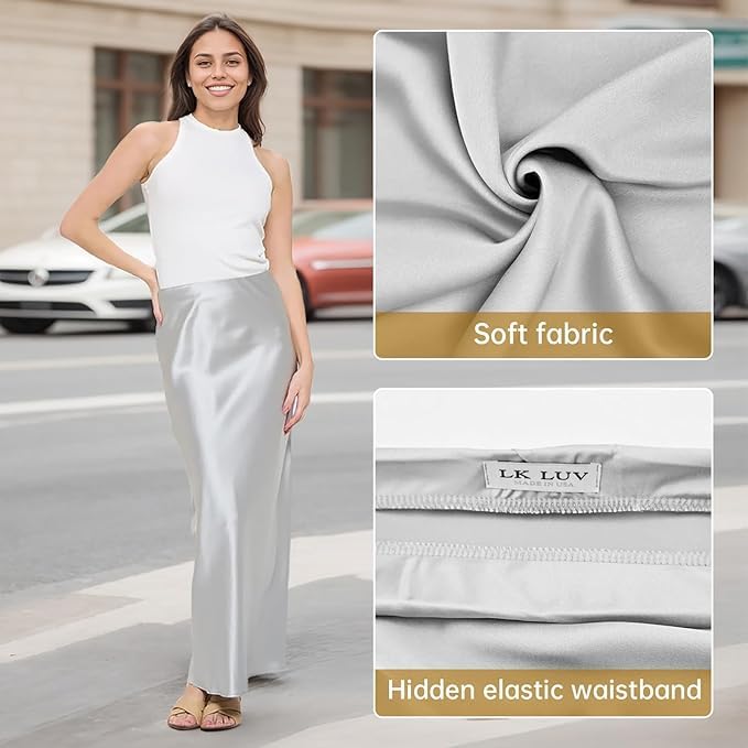 Women's Solid Satin High Waist Midi Long Skirt Hidden Elastic Waistband Office Skirt - Made in USA (Medium,Darkbrown)