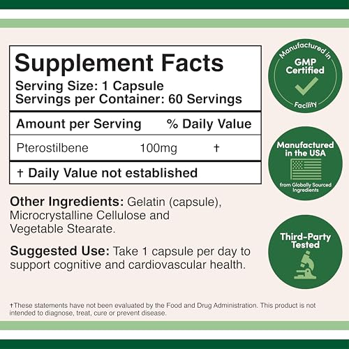 Pterostilbene Supplement 100mg Capsules (Third Party Tested) 60 Capsules, Superior to Resveratrol, Antioxidant for Longevity Support (Non-GMO, Gluten Free) by Double Wood