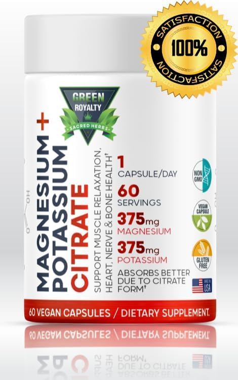 Magnesium Citrate + Potassium 60 Premium Vegan Capsules(Citrate 375 mg) + (375mg Potassium) Non GMO, Gluten Free - High Absorption Supplement Made in USA