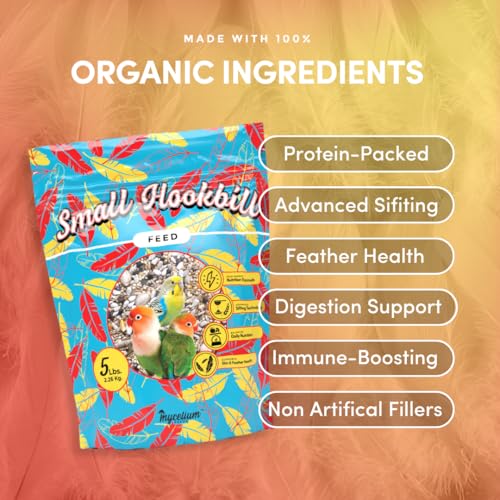 Mycelium Small Hookbill Feed (5 LBS) | Organic, Non‑GMO Bird Food for Cockatiels, Conures & Lovebirds | Filler‑Free with Hulled Seeds | Daily Energy, Skin & Feather Support | Made in USA