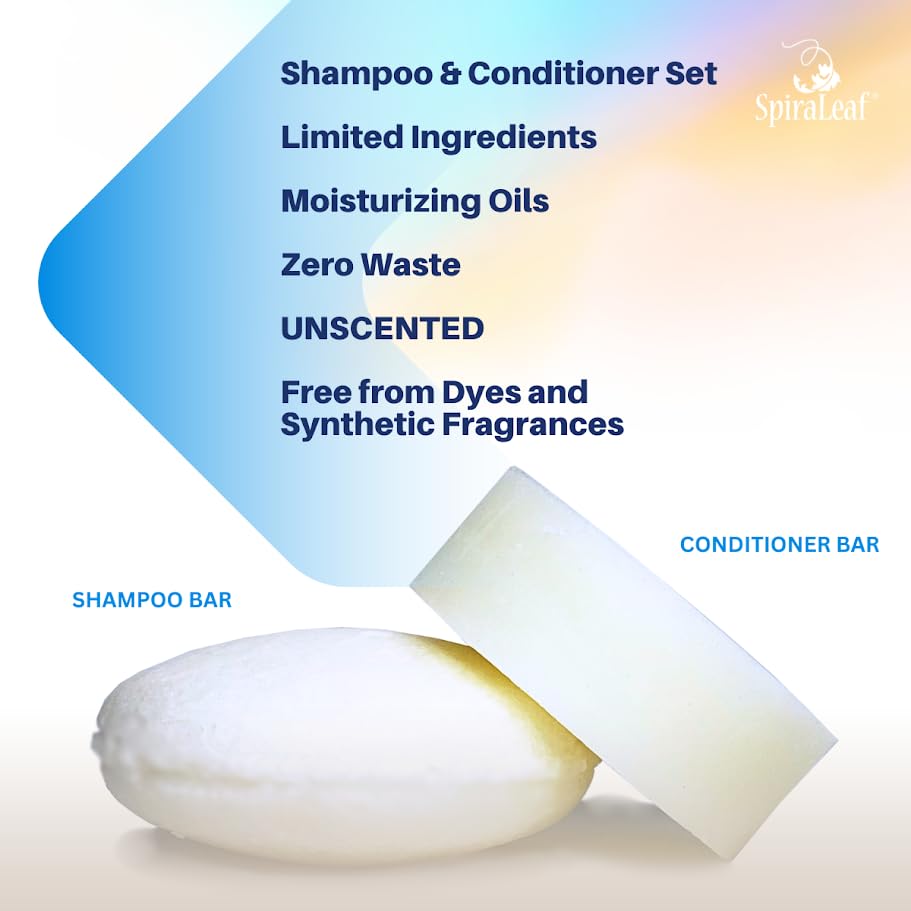 SPIRALEAF Solid Shampoo Bar & Conditioner Bar Set, UNSCENTED, Limited Ingredients, Concentrated Formula, Fragrance-Free, Dye-Free, Premium Hair Care and Shave Bars