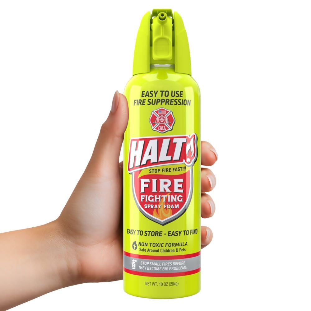 HALT! Fire Fighting Foam Spray – Non-Toxic, PFAS Free, Easy to Use, Store & Find in Emergency – Compact & Portable – Ideal for Home, Kitchen, Apartment, Car, BBQ, Tailgate – Made in USA (Single Pack)