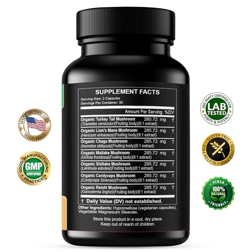 Mushroom Supplement Extracts of Lions Mane Cordyceps Chaga Reishi Turkey Tail Maitake Shiitake Capsules - Natural Vitamins Minerals Antioxidants Supplement - Made in The USA