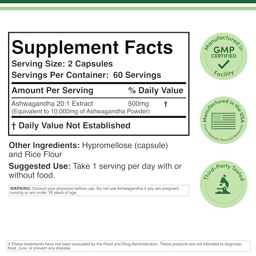 Ashwagandha Capsules, 120 Count (500mg Extract 20:1 Potency) Adaptogen Stress Relief by Double Wood