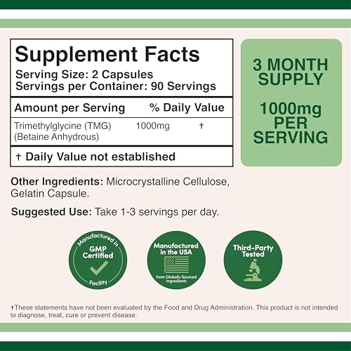 Double Wood Supplements TMG Trimethylglycine Supplement 1,000mg Per Serving, 180 Capsules (TMG Supplements for Homocysteine Control) Genuine TMG with Fishy Smell, Gluten Free, Non-GMO