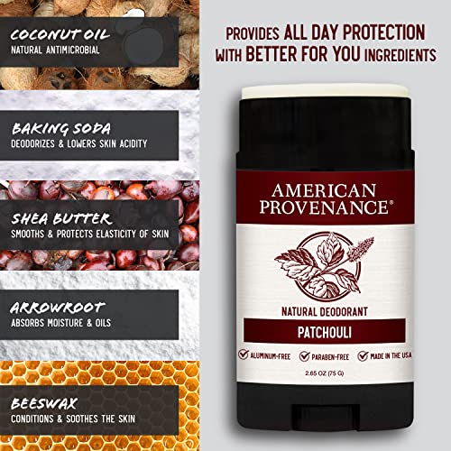 American Provenance Aluminum Free Natural Deodorant For Women and Men - Patchouli - 24 Hour Protection - Cruelty Free - Made in the USA (1 pack)