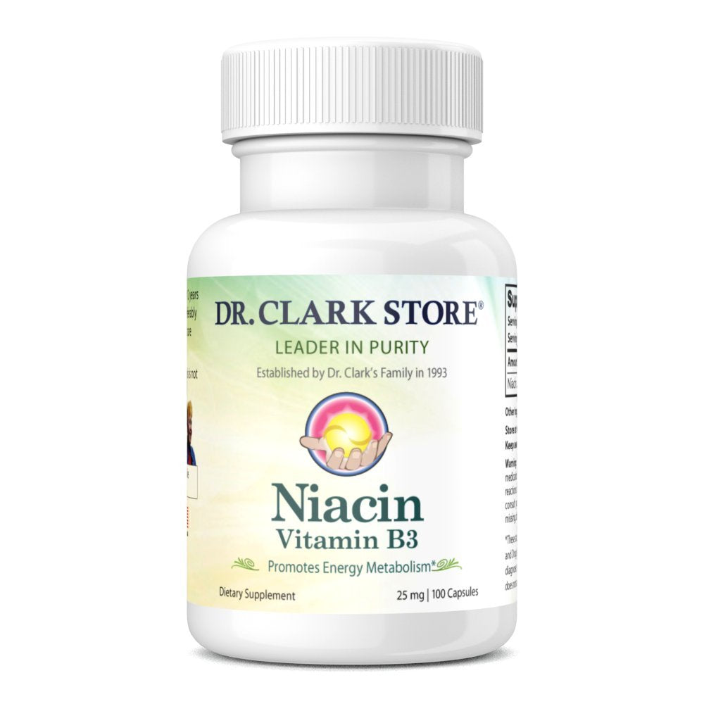 Dr. Clark Niacin (Vitamin B3) Supplement – 25mg, 100 Gelatin Capsules, Supports Circulation & Healthy Cholesterol Levels