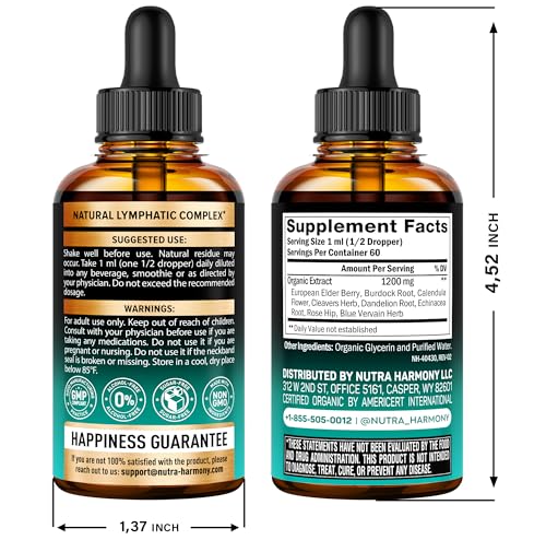 USDA Organic Lymphatic Drainage Supplement - Echinacea | Elderberry | Dandelion | Rosehip | Cleavers | Calendula | Burdock - Made in USA - Lymph System Drops - Immune Support, Cleanse & Detox, 2 fl oz