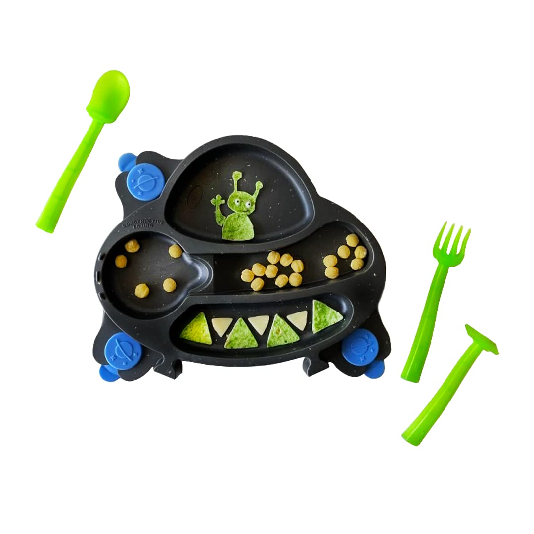 Constructive Eating Made in USA | Constructive Baby | Spacedust UFO Plate | Divided Suction Plate for Babies, Infants, and Kids – Made with Materials Tested for Safety