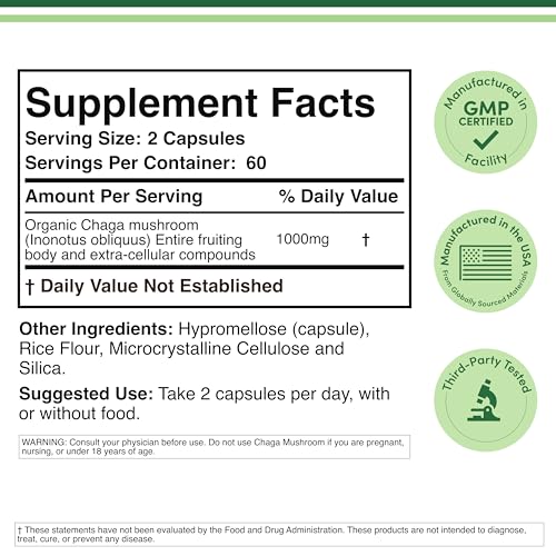 Chaga Mushrooms Capsules 120 Count (1,000mg Chaga Mushrooms Powder per Serving) High in Polysaccharides, Beta Glucans, and Terpenoids - Grown and Made in The USA, Vegan Safe, Organic by Double Wood