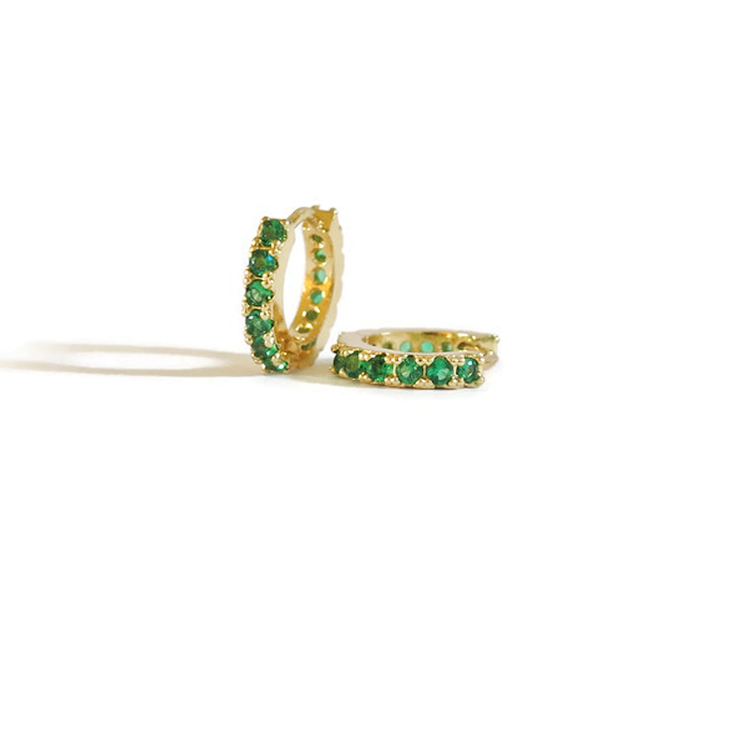Sterling Silver Emerald Cubic Zirconia Paved Huggie Hoop Earrings Nickel Free Lead Free Made In USA (8mm Inner Diameter, Real 18K Gold Plated)