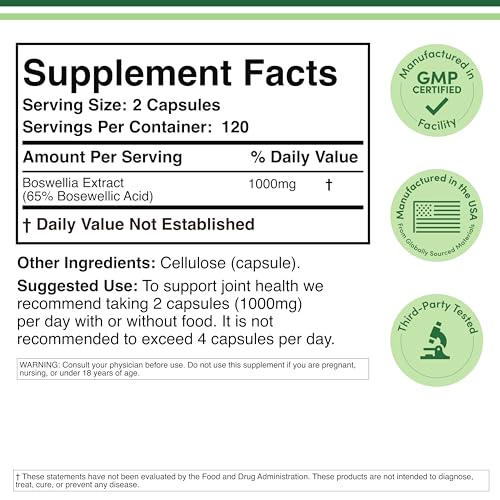 Boswellia Serrata - 240 Capsules (Max Strength 1,000mg of 65% Boswellic Acid Extract) Boswellia Extract Capsules (Joint Support Supplement for Joint Health) Third Party Tested by Double Wood