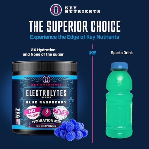 KEY NUTRIENTS Multivitamin Electrolytes Powder No Sugar - Sweet Blue Raspberry Electrolyte Powder - Endurance & Energy Supplement - Hydration Powder - No Calories - 90 Servings - Made in USA
