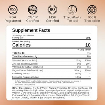 Liposomal Vitamin C Liquid with Elderberry, Echinacea, Zinc and Vitamin D - Immune and Antioxidant Support - Orange Crème Flavor - Made in USA - 30 Pump Servings