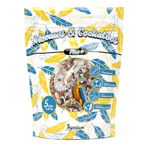 Mycelium Organic Macaw & Cockatoo Plus Bird Food (5 LBS) | High-Protein Bird Seed for Large Birds | Vitamin-Enriched Daily Nutrition | Skin & Feather Support | Non-GMO & USA Made