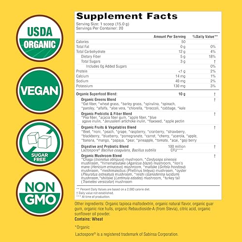 Country Farms Organic Super Greens Apple Banana Flavor, 50 Organic Super Foods, Packed with Fiber, USDA Organic Drink Mix, Fruits, Vegetables, Mushrooms & Probiotics, Supports Energy, 5g Fiber