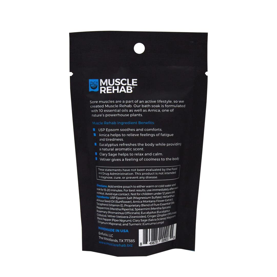 Muscle Rehab| (5) Travel Epsom Soak Packets Arnica, Magnesium Salt, Body, Hand, Foot Pain Relief, Sore Feet Relief, Foot Bath Soak, Epson Salts for Soaking Feet, Stiffness and Pain Relief, Single use
