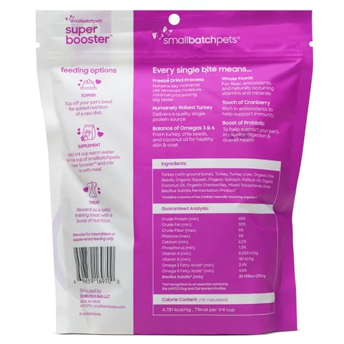 Smallbatch Freeze Dried Dog Treats, Superfood Food Topper Turkey Bites for Dogs & Cats, Probiotics, Organic Ingredients, High Protein, Grain Free Healthy Treat & Food Topper, Made in the USA, 7 oz Bag