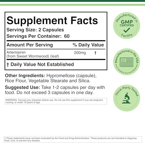 Artemisinin (Sweet Wormwood Cleanse)(Artemisia Annua) 200mg Per Serving, 120 Capsules (Two Month Supply) Vegan Safe, Non-GMO, Gluten Free (Immune Support) by Double Wood