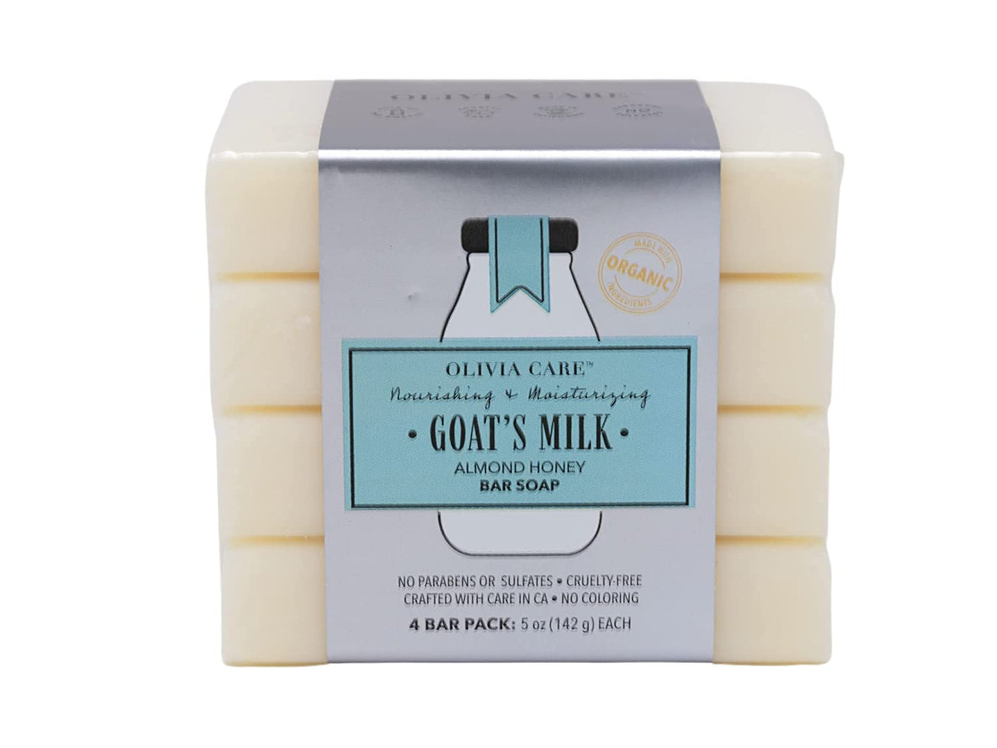 Olivia Care Goat's Milk Organic Bar Soap 4 Pack of 5 oz Bars Made in the USA (Almond Honey)