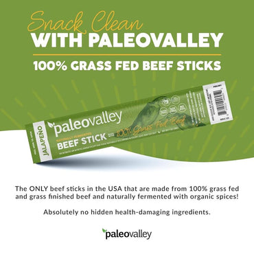 Paleovalley 100% Grass Fed Jalapeno Beef Sticks - Delicious Gluten Free Beef Snack - High Protein Keto Friendly