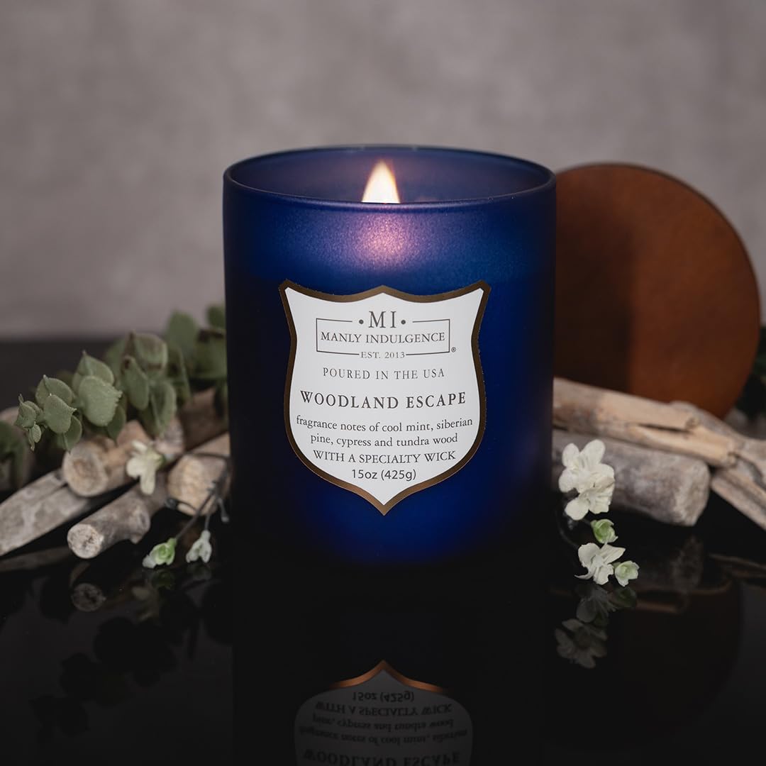 Manly Indulgence Woodland Escape Scented Candles for Men, 15 oz Wooden Wick, Fathers Day Candle, 60H Burn, Candles for Home Scented - Made in The USA