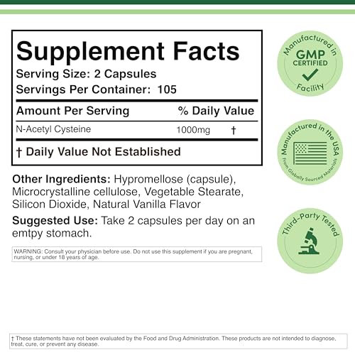 NAC Supplement N-Acetyl Cysteine (1,000mg Per Serving 500mg Per Cap, 210 Capsules) (Third Party Tested) with Odor Masking Technology to Boost Glutathione Levels by Double Wood