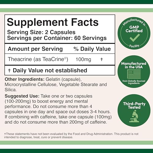 Theacrine (Teacrine) 100 Mg, 60 Capsules - Energy and Focus Supplement (Similar to Caffeine Pills but More Subtle and Longer Lasting) Non-GMO and Gluten Free by Double Wood
