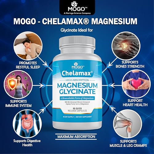 Chelamax Magnesium Glycinate.Dead Sea Sourced, 100% Chelated Magnesium for Sleep Support, Muscle Cramps, Bone Health. Made in USA, 3rd Party Tested,Heavy Metal Free,Glicinato de Magnesio Capsules.
