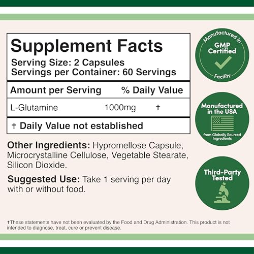 L Glutamine Capsules - No Fillers (1000mg Servings, 120 Capsules) Non-GMO, Gluten Free, Keto Safe, Vegan Friendly, Third Party Tested (for Endurance and Gut Health) by Double Wood