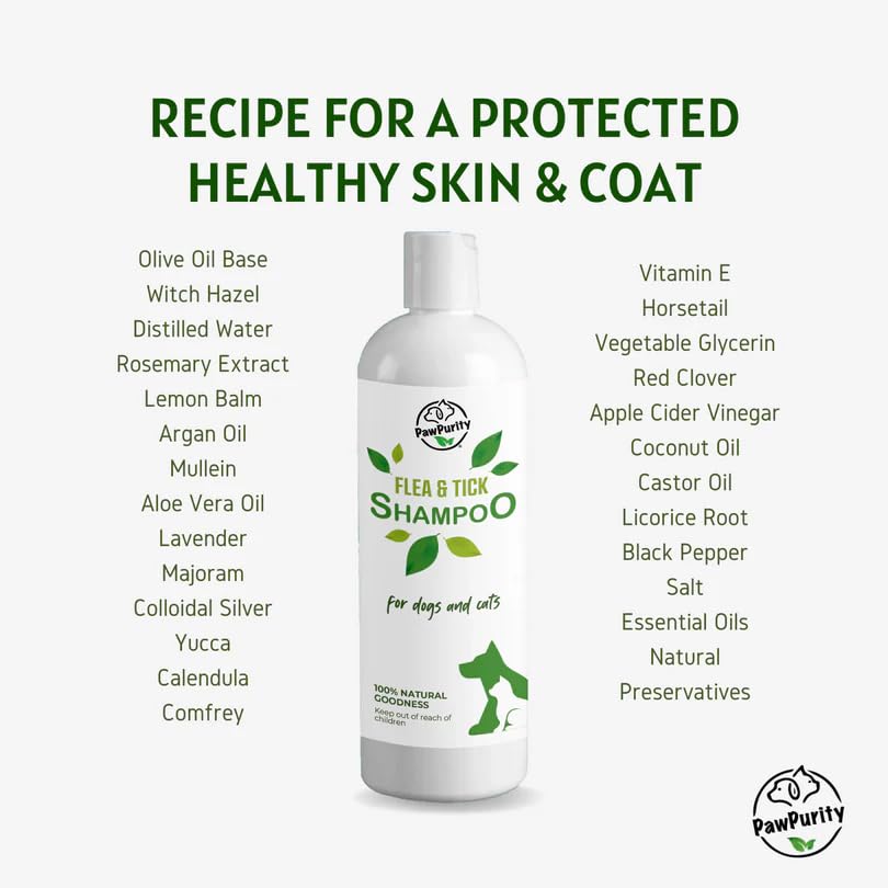 PawPurity Flea/Tick Shampoo, Natural Plant & Mineral-Based Ingredients Only, Improves Dog & Cat Skin & Coat Health, Honeysuckle-Citrus Scent, Eco Friendly Product & Packaging Made in USA (8OZ)