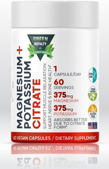 Magnesium Citrate + Potassium 60 Premium Vegan Capsules(Citrate 375 mg) + (375mg Potassium) Non GMO, Gluten Free - High Absorption Supplement Made in USA