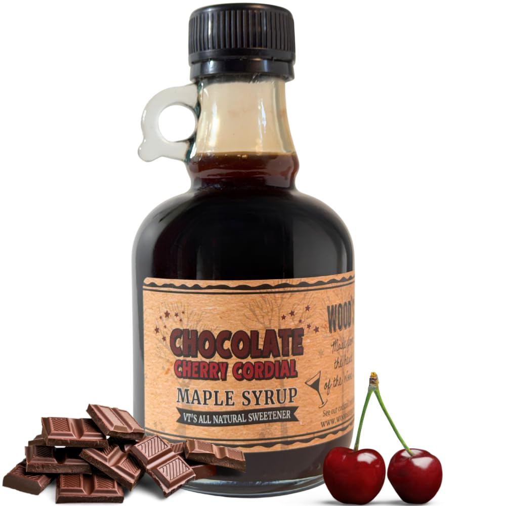 WOOD'S Chocolate Cherry Cordial Infused Maple Syrup – Decadent Vermont Maple Syrup with Dark Cocoa & Succulent Cherries | Small-Batch, All-Natural, Vegan-Friendly Syrup for Breakfast, Desserts & Cocktails | 8.45 Fl Oz