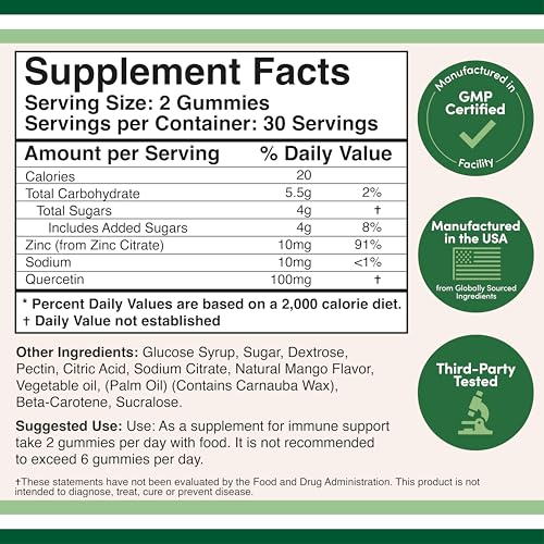 Quercetin Gummies with Zinc (100mg of Quercetin and 91% Daily Zinc per Serving) 60 Mango Flavored Chewable Immune Support Gummies for Adults and Kids (Non-GMO and Gluten Free) by Double Wood