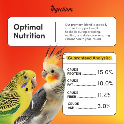 Mycelium Small Hookbill Feed (5 LBS) | Organic, Non‑GMO Bird Food for Cockatiels, Conures & Lovebirds | Filler‑Free with Hulled Seeds | Daily Energy, Skin & Feather Support | Made in USA