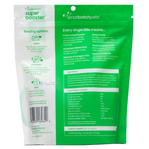smallbatch Freeze Dried Dog Treats, Superfood Food Topper Duck Bites for Dogs & Cats, Probiotics, Organic Ingredients, High Protein, Grain Free Healthy Treat or Food Topper, Made in The USA, 7 oz Bag