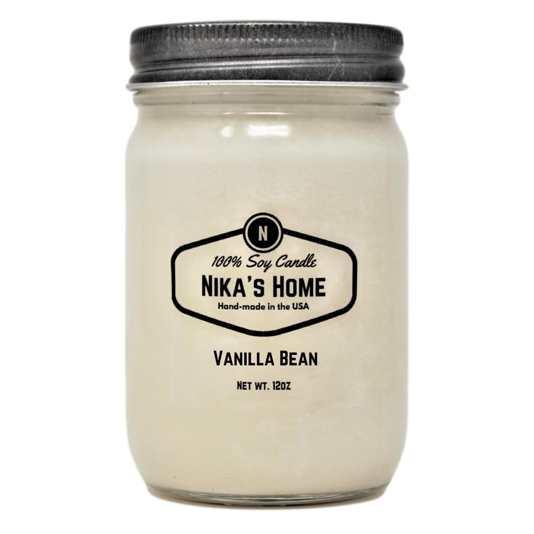 Nika's Home Vanilla Bean Soy Candle - 12oz Mason Jar - Non-Toxic - Hand Poured in The USA, Long Burning 50-60 Hours Highly Scented All Natural, Clean Burning