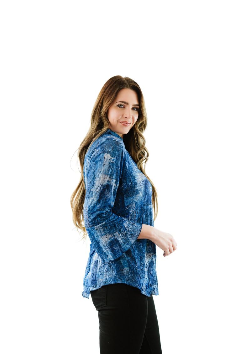 SNO SKINS Spring/Summer Collection Designer Print Crinkle Sweetheart Top with Stand Collar (Denim Love)