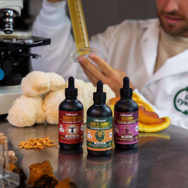 Life Cykel Professional Athletes Pack - Reishi, Lions Mane & Cordyceps Mushroom Extract- Full-Spectrum Mushroom Tincture for Energy, Focus and Immune Health- Vegan, Non-GMO Formula