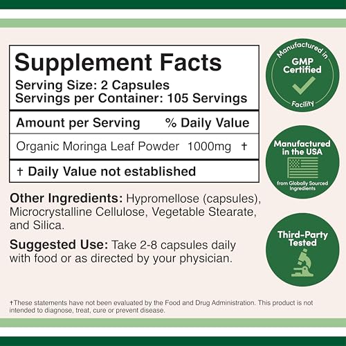 DWS Organic Moringa Capsules 1000mg - Pure Moringa Powder for Energy & Immune Support - Green Superfood Rich in Antioxidants, Essential Vitamins & Amino Acids - 105 Vegan Capsules