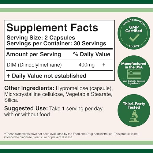 DIM Supplement for Women and Men (Diindolylmethane Estrogen Blocking Supplement, Hormonal Acne Treatment, Hormone Balance for Women) 400mg Servings, 200mg Per Capsule, 60 Capsules by Double Wood