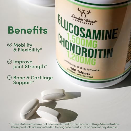 Glucosamine Chondroitin Triple Strength (1,500mg Glucosamine Sulfate, 1,200mg Chondroitin) 180 Tablets, Two Month Supply (Joint Support Supplement) Gluten Free, Non-GMO by Double Wood