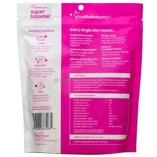 Smallbatch Freeze Dried Dog Treats, Superfood Food Topper Rabbit Bites for Dogs & Cats, Probiotics, Organic Ingredients, High Protein, Grain Free Healthy Treat & Food Topper, Made in the USA, 7 oz Bag