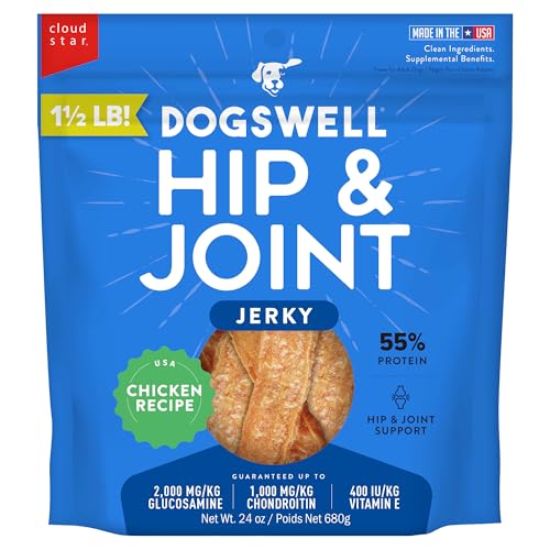 Dogswell Jerky Hip and Joint Dog Treats Grain Free Made in USA Only, Glucosamine and Chondroitin, 24 oz Chicken