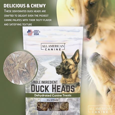 All American Canine 10 Natural Duck Head Dog Treats – Single Ingredient, Dehydrated & Digestible – Low-Fat, High-Protein Chew for Training & Dental Health – Made in USA