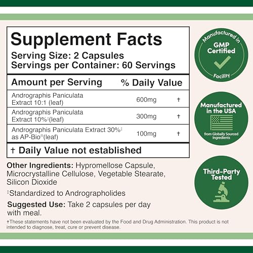 Andrographis Capsules Max Andrographides - 1,000mg Serving Size (120 Capsules) with AP-Bio (Patented Andrographis Paniculata Extract) - Clinically Studied for Immune System Health by Double Wood