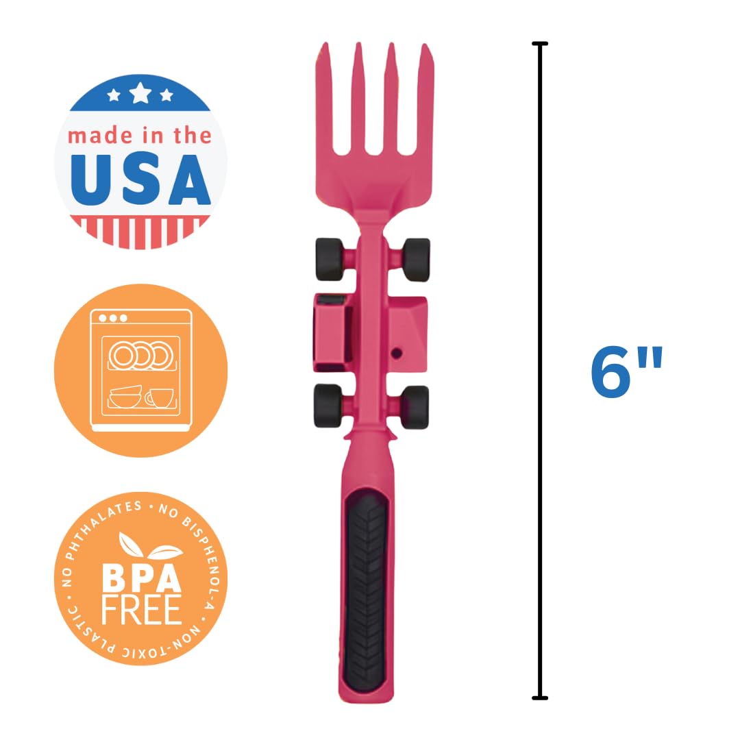 Constructive Eating Plate and Utensils Set - USA-Made Toddler Dinnerware with Divided Plates (Pink Construction)