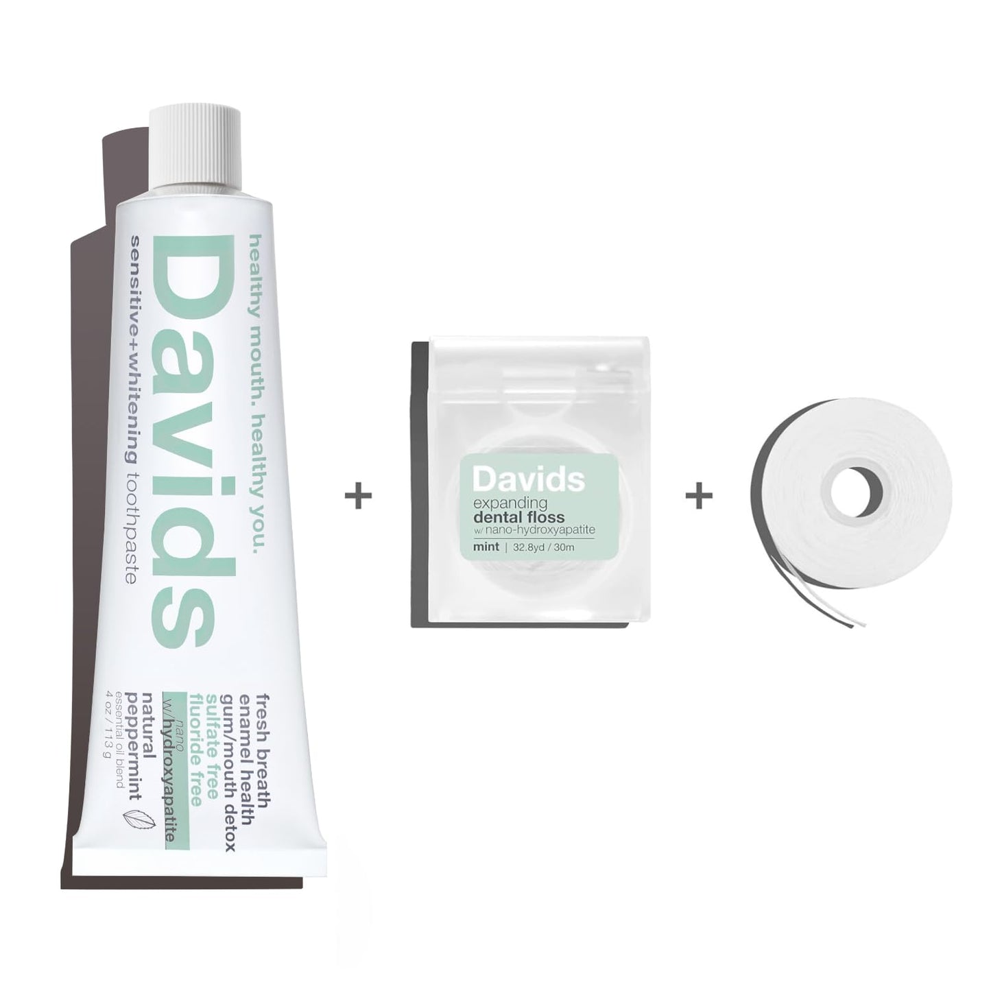 Davids Nano Hydroxi Toothpaste and Floss Bundle, Remineralize Enamel, Sensitive Relief & Teeth Whitening - Antiplaque, Fluoride Free, SLS Free, Peppermint, 4oz, Made in USA
